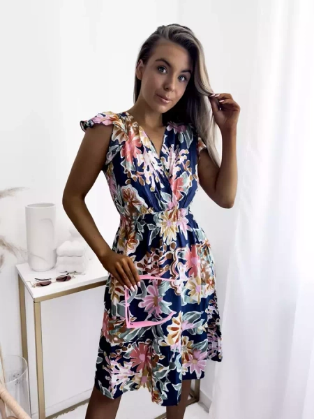 Women's navy blue mini dress with floral print - Clothing