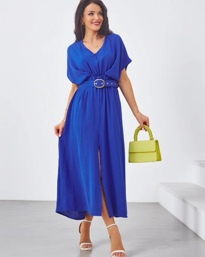 Royalfashion Women's midi dress with short sleeves, V-neck and slit in the middle
