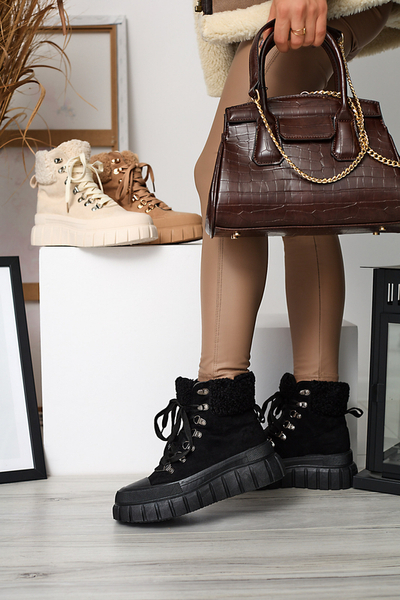 Women's black eco-suede boots with sheepskin Vetic - Footwear