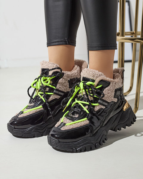 Black women's sports shoes with fur and neon yellow laces Adbo- Footwear
