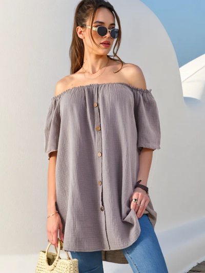 Royalfashion Women's cotton blouse a'la off-the-shoulder with decorative buttons