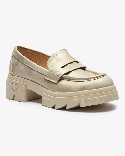 Gold women's eco leather moccasins Sepop- Footwear