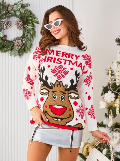 Royalfashion Women's White Christmas Sweater with Reindeer