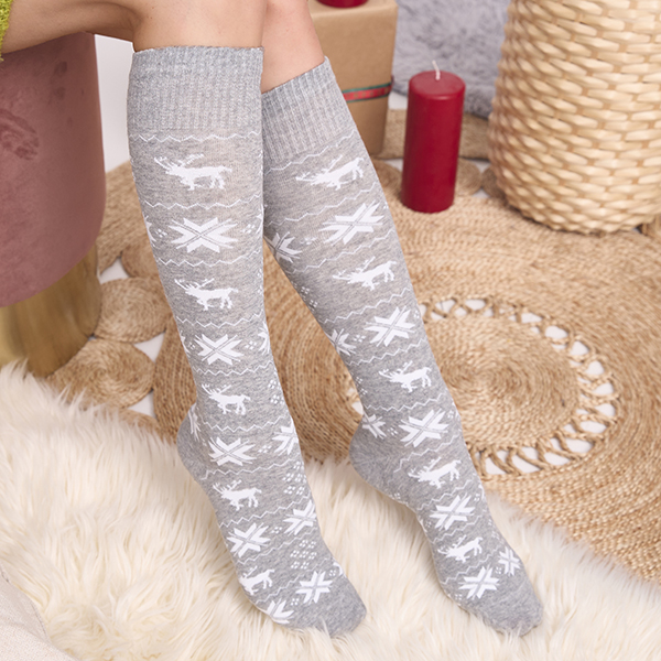 Women's light gray long Christmas socks - Underwear