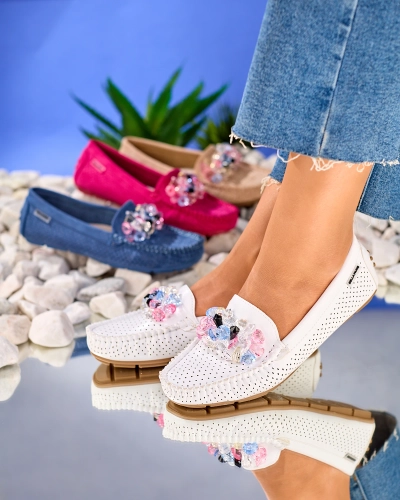 Royalfashion Women's openwork white moccasins with decorative crystals Cizzas
