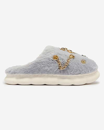 Royalfashion Blue women's fur slippers with ornaments Erserra