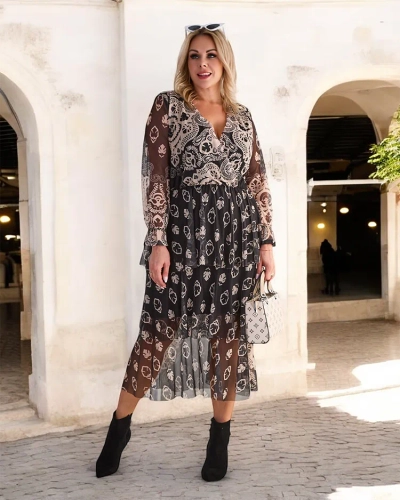 Royalfashion Black and beige mesh midi dress with print