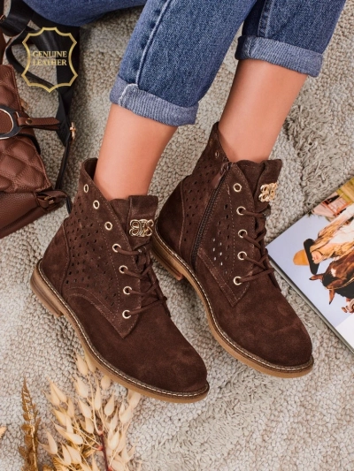 Aurelia Brown Suede Ankle Boots with Fur, Openwork, Elegant, 2.5cm