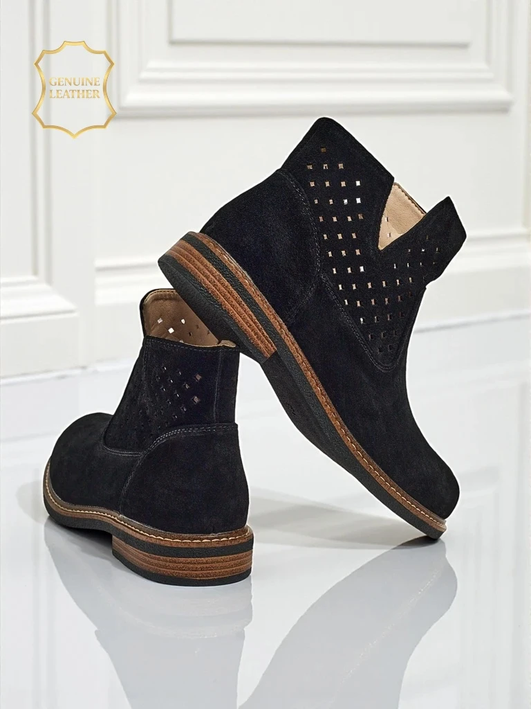 Ботфорты Aurelia Nero замшевые ажурные женские ботинки плоский каблук 3см