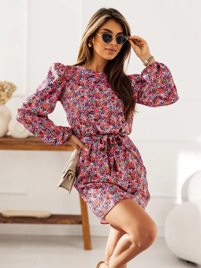 Royalfashion Floral mini dress for women with puff sleeves and belt