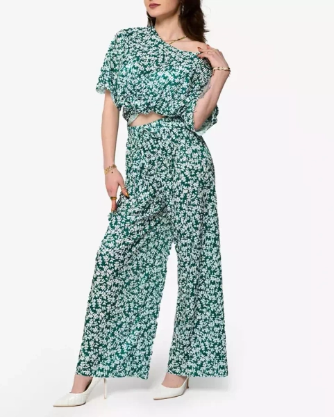 Women's green pleated set with black flowers - Clothing