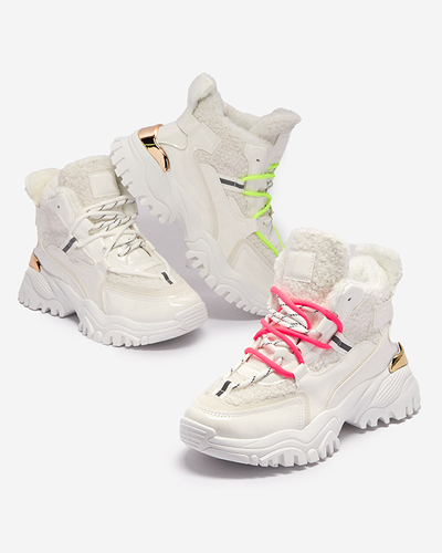 White women's sports shoes with fur and neon pink laces Sagglo- Footwear
