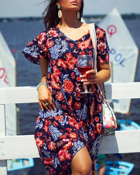 Royalfashion Navy blue women's dress with colorful floral pattern