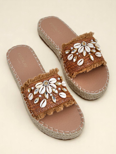 Royalfashion Callista Boho Camel Flat Platform Sandals with Shells