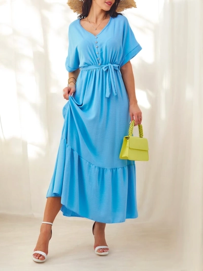 Royalfashion Naiste midi kleit lühikeste varrukatega ja dekoratiivsete nuppudega