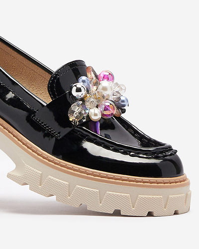 Черные лакированные женские мокасины с орнаментом Leliab- Footwear