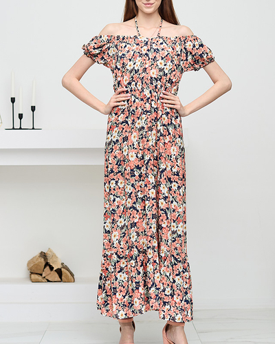 Long navy blue women's dress with coral flowers - Clothing
