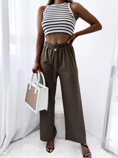 Green women's wide ribbed pants - Clothing