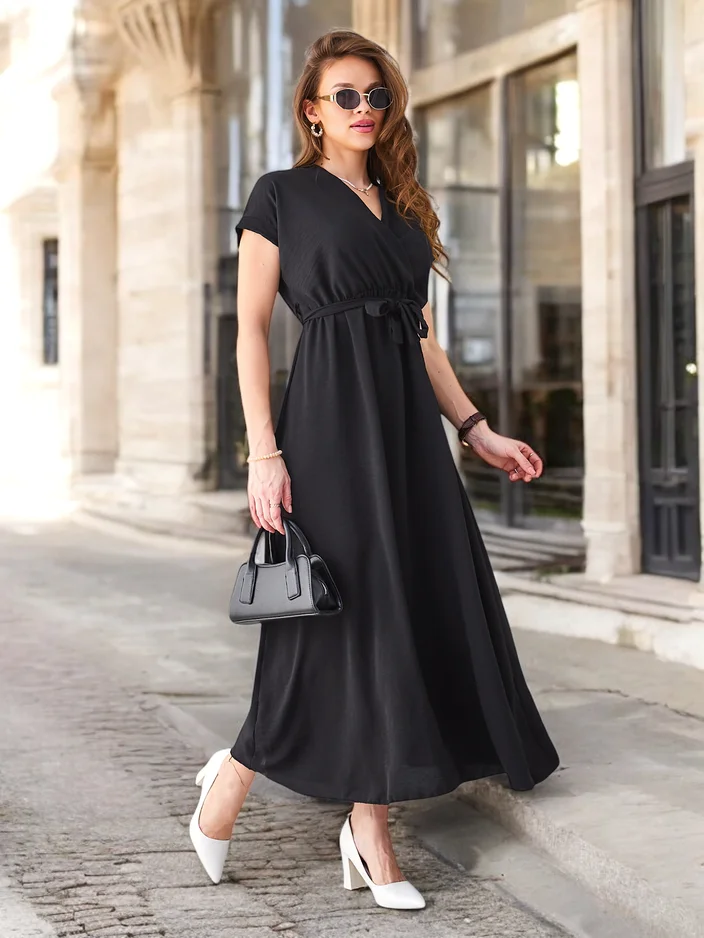 Royalfashion Women's midi dress with a wrap neckline, short sleeves, and a belt