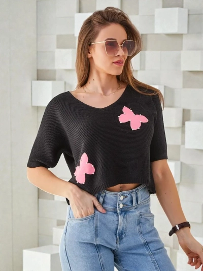 Royalfashion Women's Cotton Short Sweater with Butterflies