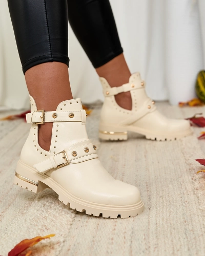 Royalfashion Cream naiste kaunistatud Jewel Walk lamedate kontsadega saapad