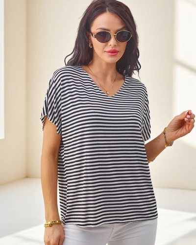 Royalfashion Naiste viskoosist triibuline pluus lühikeste varrukatega ja sädelev viimistlus