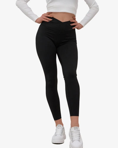 Women's leggings with wide elastic waistband in black- Clothing