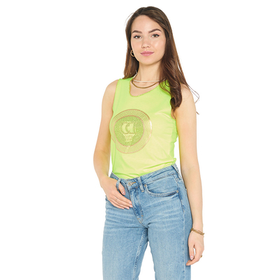 Yellow neon blouse on straps with print and cubic zirconia - Clothing