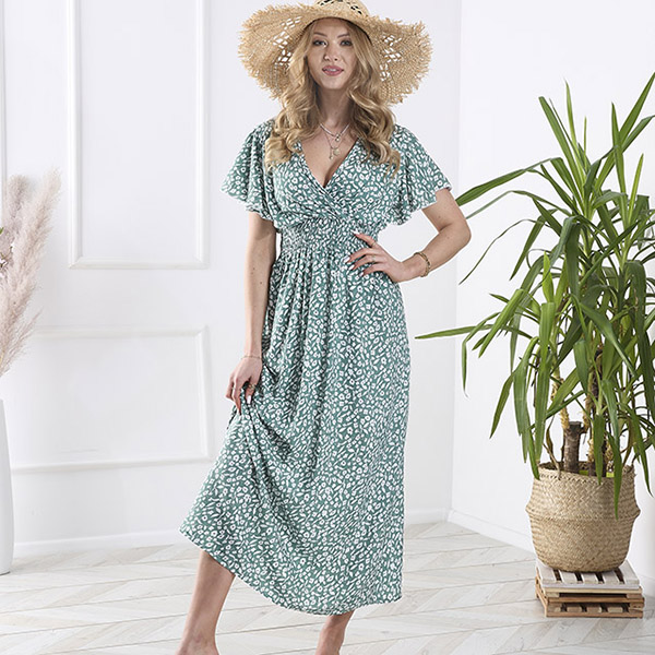 Floral dark green women's dress with envelope neckline - Clothing