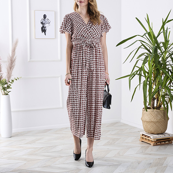 Mustriline pikk naiste kombinesoon punase köitega- Rõivad