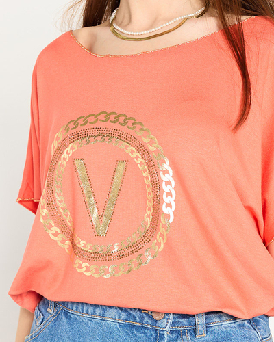 Orange women's t-shirt with gold print and cubic zirconia - Clothing