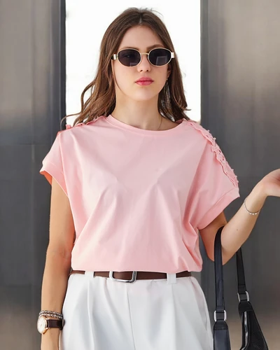 Royalfashion Women's Cotton T-shirt with Lace Sleeves