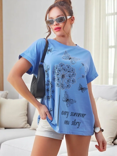 Royalfashion Women's cotton t-shirt with dandelions and a butterfly