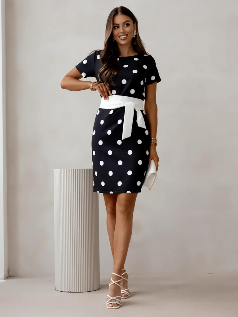 Royalfashion Women's knee-length dress with short sleeves and polka dot tie
