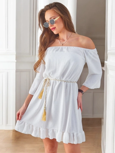 Royalfashion Women's mini dress off-the-shoulder with long sleeves and rhinestones