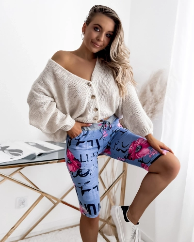 3/4 sinised ja roosad naiste lühikesed püksid trükiga PLUS SIZE - Riietus