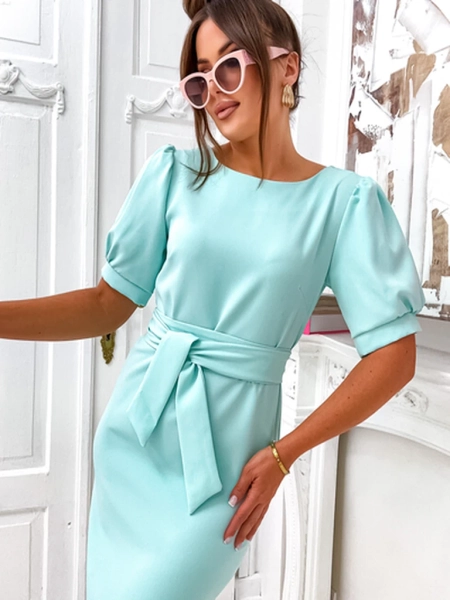 Royalfashion Knee-length women's dress with puffed short sleeves and belt