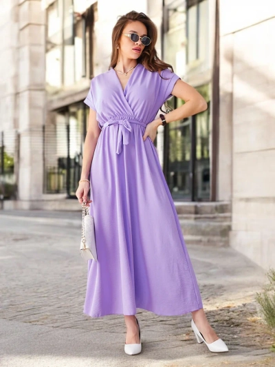 Royalfashion Women's midi dress with a wrap neckline, short sleeves, and a belt