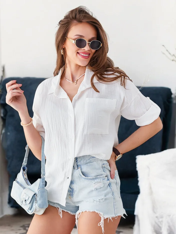 Royalfashion Women's cotton shirt with embossing and a V-neck and 3/4 sleeves