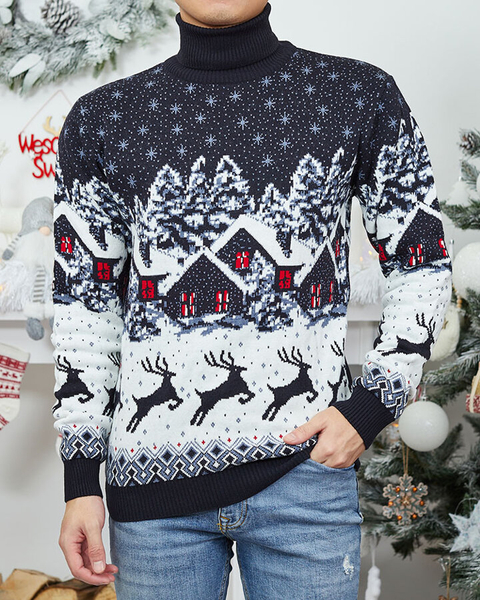 Royalfashion Navy blue Christmas men's turtleneck sweater