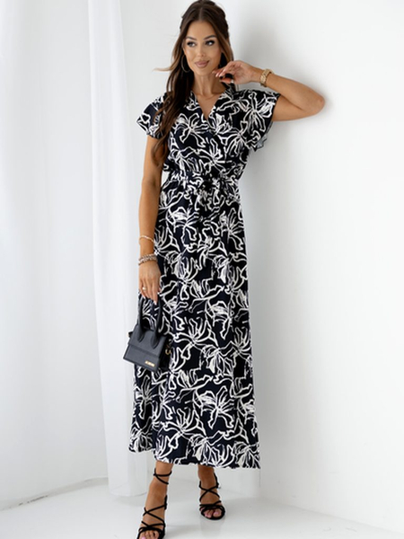 Royalfashion Patterned women's midi dress with short sleeves, wrap neckline, and belt