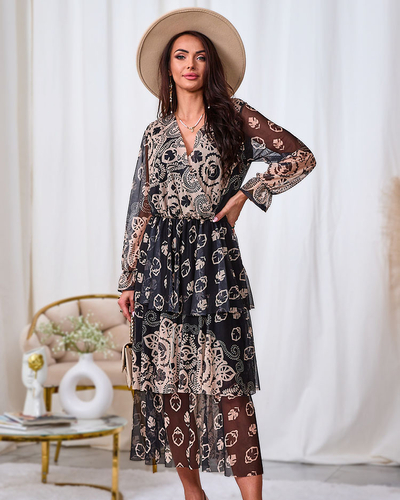 Royalfashion Black and beige mesh midi dress with print