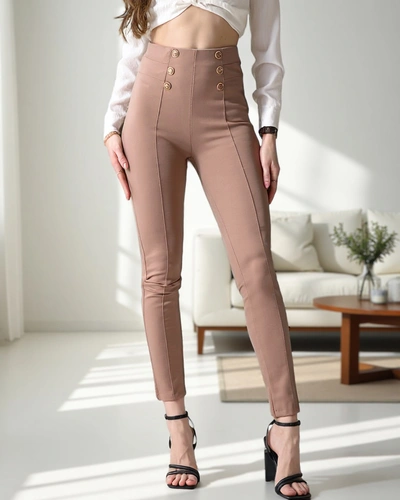 Royalfashion Naisten puuvillaiset treggingsit koristepainikkeilla