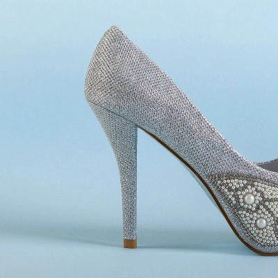 OUTLET Silver women's shiny high heels with cubic zirconia and pearls Mira - Footwear
