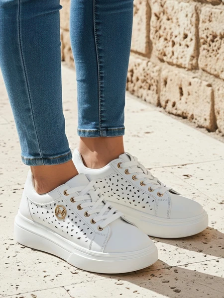 Women's Calista Bianco eco-leather sneakers, openwork, spring 4.5 cm