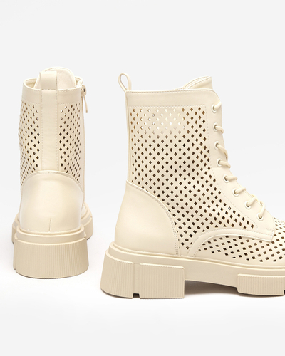 Openwork beige women's boots with flat heels Rolika - Footwear