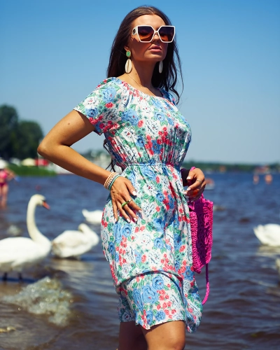 Royalfashion Naiste lilleline minikleit a'la hiszpanka sinises värvitoonis
