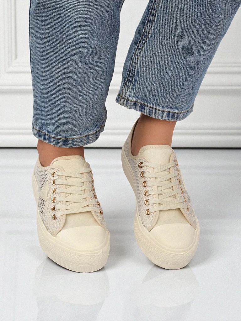 Women's Beige Callista Mesh Sneakers - Flat Heel, Summer Autumn Collection