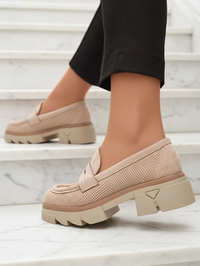 Beige women's openwork moccasins on a solid sole Ejina - Footwear