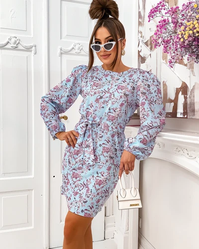 Royalfashion Цветочное мини-платье для женщин с рукавами-пуфф и поясом